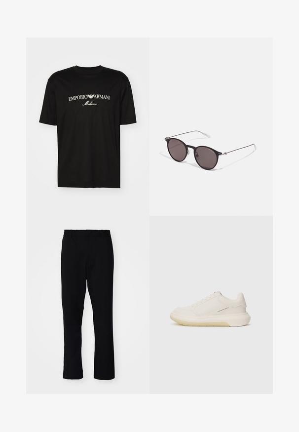 T-shirt in cotone nero con scollatura rotonda, maniche corte e logo "EMPORIO ARMANI" in bianco sopra "Milano" in una disposizione curva.; Pantaloni neri con una vestibilità slim. Presentano un elastico in vita e gambe dritte, realizzati in un tessuto liscio con una finitura opaca.; Sneaker bianche con tomaia in pelle liscia, punta tondeggiante e suola in gomma spessa. Presentano cuciture minime e un sottile dettaglio con il logo sul lato.; Occhiali da sole neri rotondi con lenti scure e sottili bracci in metallo. Include punte trasparenti e accenti argentati alla cerniera. Design minimalista.
