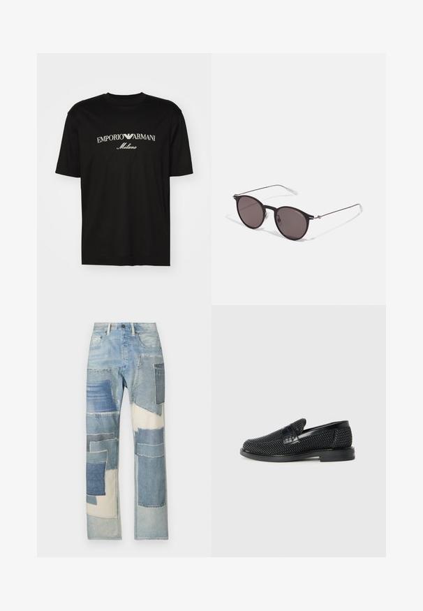 Svart bomulls T-skjorte med rund hals, korte ermer og "EMPORIO ARMANI" logo i hvitt over "Milano" i en buet design.; Lyseblå denimjeans med et lappet design i forskjellige nyanser av blått, uregelmessige former og frynsete kanter, som skaper en teksturell kontrast.; Sorte vevde slip-on sko med en glatt lærdetalj på overdelen, design med rund tå og en lavprofil gummisåle.; Sorte, runde solbriller med mørke linser og slanke metalarmer. Inkluderer klare temple tips og sølvfargede detaljer ved hengslet. Minimalistisk design.