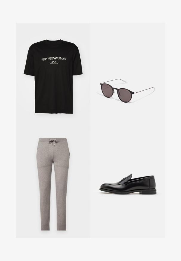 Melnā kokvilnas T-kreklu ar apaļu kakla izgriezumu, īsām piedurknēm un balto "EMPORIO ARMANI" logotipu virs vārda "Milano" izliektā dizainā.; Ron Dorff PANTS - Treniņtērpa apakšdaļas - dusty beige; Melnas ādas kurpes ar gludu tekstūru, noapaļu purngalu un dekoratīvu siksniņu pāri priekšpusei. Zems sakrauts papēdis, minimālisma dizains.; Melni apaļi saulesbrilles ar tumšiem lēca un plānām metāla stangām. Iekļautas caurspīdīgas tempļu galviņas un sudraba akcenti pie eņģes. Minimalistisks dizains.
