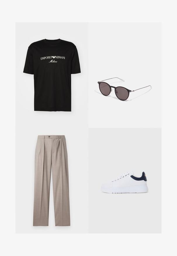 T-shirt de algodão preta com gola redonda, mangas curtas e o logo "EMPORIO ARMANI" em branco acima de "Milano" num design curvo.; Emporio Armani TROUSER - Calças - beige medio; Ténis brancos com pormenores em azul-marinho, apresentando uma textura suave, biqueira redonda e sola elevada, detalhados com um logo de lado.; Óculos de sol redondos pretos com lentes escuras e hastes metálicas finas. Inclui pontas de templo transparentes e detalhes em prata na dobradiça. Design minimalista.