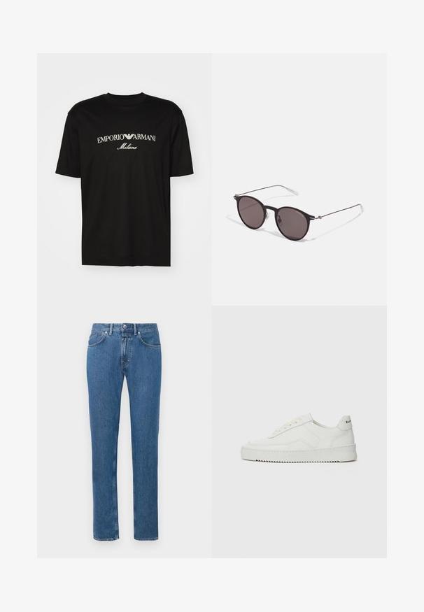 T-shirt de algodão preta com gola redonda, mangas curtas e o logo "EMPORIO ARMANI" em branco acima de "Milano" num design curvo.; Jeans de cintura alta azuis, corte reto, com botão e zíper frontais, cinco bolsos e passantes para cinto, exibidos em fundo branco.; Sapatilha de couro branco com acabamento suave, bico redondo, atacadores planos e uma sola texturizada. Apresenta um logotipo discreto no calcanhar.; Óculos de sol redondos pretos com lentes escuras e hastes metálicas finas. Inclui pontas de templo transparentes e detalhes em prata na dobradiça. Design minimalista.