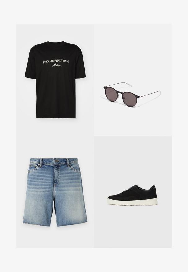 Camiseta de algodón negra con cuello redondo, mangas cortas y el logo de "EMPORIO ARMANI" en blanco sobre "Milano" en un diseño curvado.; Pantalones cortos de mezclilla en un lavado azul claro con un diseño descolorido, estilo de cinco bolsillos y acabado con dobladillo sin terminar. Cuenta con botón de metal y cremallera.; Zapatilla de ante negra con diseño de cordones y suela de goma blanca contrastante. Presenta paneles laterales texturizados y un sutil logo en el talón.; Gafas de sol redondas negras con lentes oscuros y brazos metálicos delgados. Incluye puntas de varilla transparentes y acentos plateados en la bisagra. Diseño minimalista.