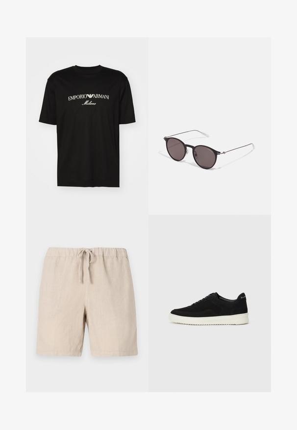 Musta puuvillapaita, jossa on pyöreä kaula-aukko, lyhyet hihat ja valkoinen "EMPORIO ARMANI" -logo, jonka yläpuolella on kaarevassa muodossa "Milano".; 120% Lino MEN BERMUDA - Shortsit - sand; Mustat mokkakengät nauhoilla ja kontrastivalkoisella kumipohjalla. Varustettu teksturoiduilla sivupaneeleilla ja huomaamattomalla brändäyksellä kantapäässä.; Musta pyöreä aurinkolasit tummilla linsseillä ja kapeilla metallikehyksillä. Sisältää kirkkaat temppelet ja hopeiset yksityiskohdat saranassa. Minimalistinen muotoilu.