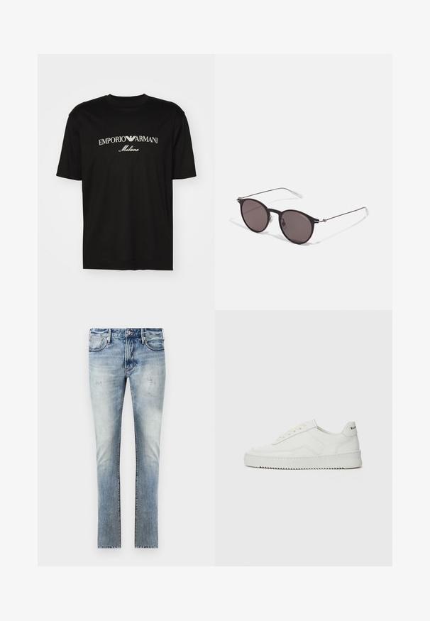 T-shirt de algodão preta com gola redonda, mangas curtas e o logo "EMPORIO ARMANI" em branco acima de "Milano" num design curvo.; Calças de ganga azul claro com um acabamento desbotado, design ajustado, cinco bolsos e costuras contrastantes nas emendas.; Sapatilha de couro branco com acabamento suave, bico redondo, atacadores planos e uma sola texturizada. Apresenta um logotipo discreto no calcanhar.; Óculos de sol redondos pretos com lentes escuras e hastes metálicas finas. Inclui pontas de templo transparentes e detalhes em prata na dobradiça. Design minimalista.