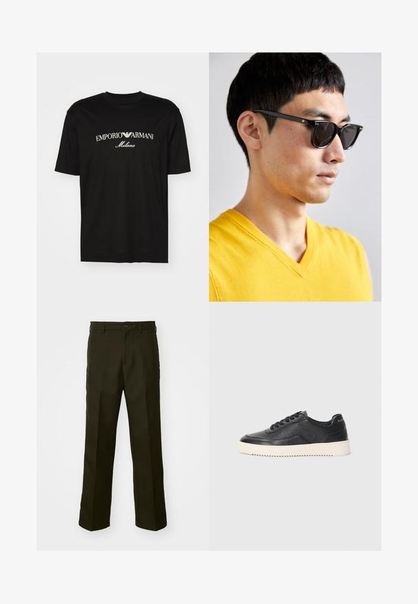 Black cotton T-shirt featuring a round neckline, short sleeves, and "EMPORIO ARMANI" logo in white above "Milano" in a curved design.; The Kooples PANTALON - Trousers - kaki; Black leather sneaker with textured finish, round toe, and flat white rubber sole. Features black laces and branding on the heel.; Sunglasses with black frames and dark lenses. Notable details include small gold accents on the hinges and a rectangular shape.