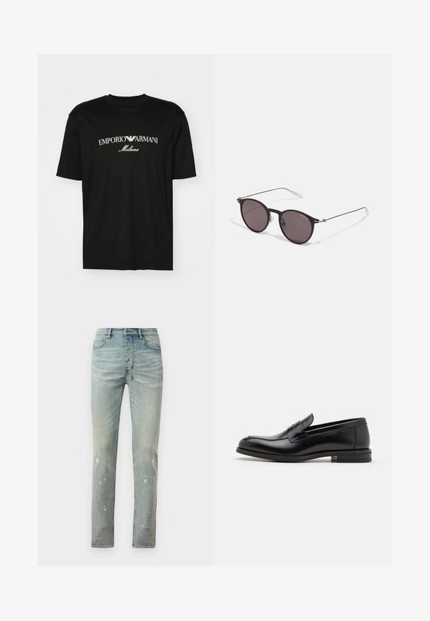 Schwarzes Baumwoll-T-Shirt mit Rundhalsausschnitt, kurzen Ärmeln und dem "EMPORIO ARMANI"-Logo in Weiß über dem geschwungenen Schriftzug "Milano".; Helle blaue, hochgeschnittene Jeans im Slim-Fit. Verfügt über ausgebleichte Bereiche und Spritzdetails überall. Hergestellt aus Denim mit kontrastierenden Nähten.; Schwarze Lederloafers mit glatter Textur, rundem Zehenbereich und einem dekorativen Riemen über dem Vorderfuß. Niedriger, gestapelter Absatz, minimalistisches Design.; Schwarze runde Sonnenbrille mit dunklen Gläsern und schlanken Metallbügeln. Enthält klare Tempelspitzen und silberne Akzente am Scharnier. Minimalistisches Design.