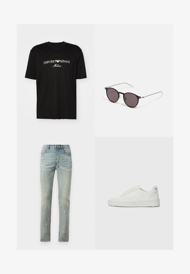 Svart bomull T-shirt med rund halsringning, korta ärmar och "EMPORIO ARMANI" logotyp i vitt ovanför "Milano" i en rundad design.; Ljusblå högmidjade jeans i smal passform. Har blekta områden och stänkmönster över hela byxan. Tillverkad av denim med kontrasterande sömmar.; Vita lädersneakers med en jämn yta, rund tå, platta snörningar och en strukturerad sula. Har en diskret logotyp på hälen.; Svarta runda solglasögon med mörka linser och smala metallarmar. Inkluderar klara tempeltips och silverdetaljer vid gångjärnet. Minimalistisk design.