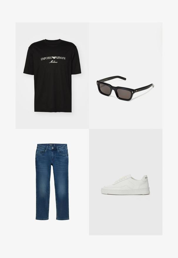 Camiseta de algodón negra con cuello redondo, mangas cortas y el logo de "EMPORIO ARMANI" en blanco sobre "Milano" en un diseño curvado.; Jeans de pierna recta para hombre en denim azul oscuro, con un diseño clásico de cinco bolsillos, sutil desgaste y cierre de botón.; Zapatilla de cuero blanca con un acabado suave, puntera redonda, cordones planos y suela texturizada. Cuenta con un sutil logo en el talón.; Gafas de sol rectangulares negras con lentes oscuros, marco de plástico grueso, acentos dorados en las patillas y logotipo de la marca grabado en el brazo.