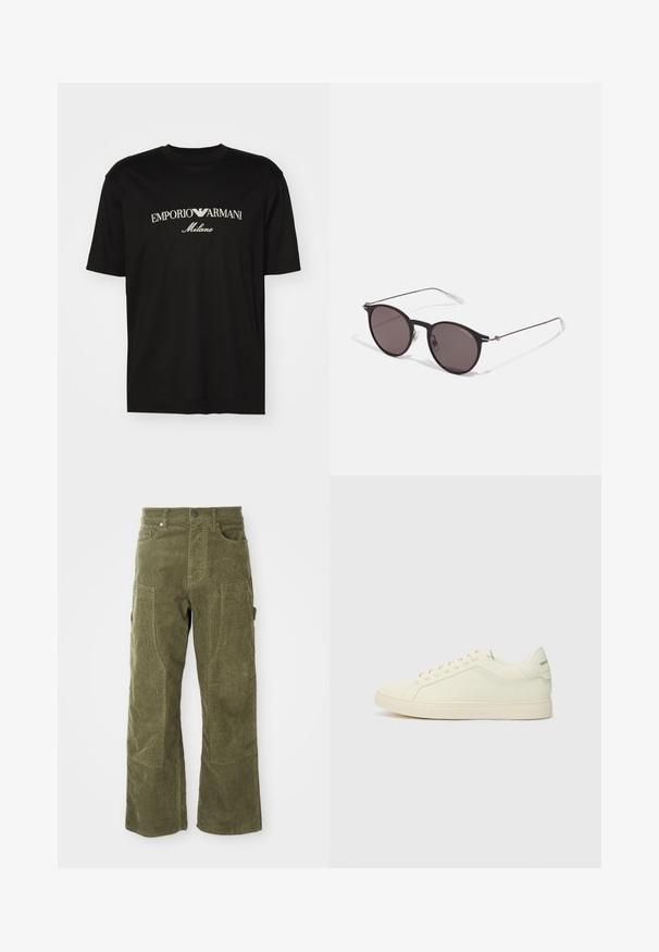 Black cotton T-shirt featuring a round neckline, short sleeves, and "EMPORIO ARMANI" logo in white above "Milano" in a curved design.; Olive green corduroy pants with front and side pockets, reinforced knee panels, and a button and zipper closure.; White leather sneakers with a minimalistic design, textured upper, and rounded toe. Features a rubber sole and discreet branding on the heel.; Black round sunglasses with dark lenses and slim metal arms. Includes clear temple tips and silver accents at the hinge. Minimalist design.
