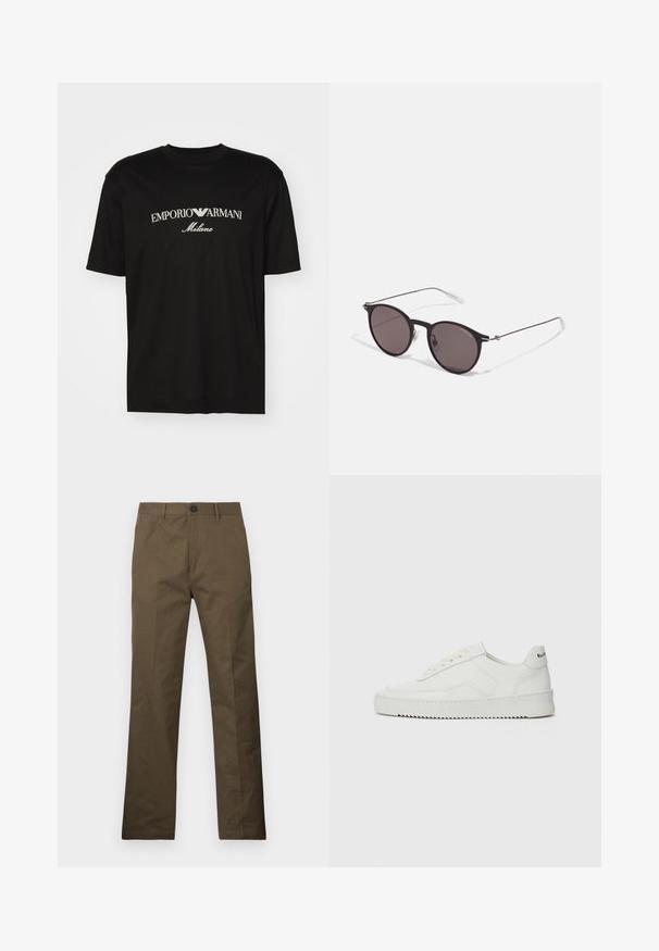 Must must T-särk, millel on ümmargune kaelus, lühikesed варст и väljend "EMPORIO ARMANI" valgete tähtedega, mille all on kõveras kujunduses sõna "Milano".; Pruunid puuvillased püksid sirge lõikega, nuppude sulgemise ja küljetaskutega, esitatud valge tausta ees.; Valge nahast tennis, millel on sile põhi, ümar varvas, lamedad nöörid ja tekstuuriline tall. Sisaldab diskreetset logo kontsaribal.; Mustad mustad prillid tumedate läätsedega ja õhukeste metallist käepidemetega. Kaarja kujuga seljaosa ja hõbedased aktsendid hingel. Minimalistlik disain.
