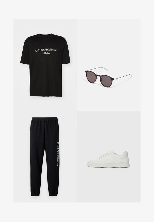 Musta puuvillapaita, jossa on pyöreä kaula-aukko, lyhyet hihat ja valkoinen "EMPORIO ARMANI" -logo, jonka yläpuolella on kaarevassa muodossa "Milano".; Mustat verkkouikkarit, joissa on joustava vyötärö, kapenevat nilkat ja vasemmassa lahkeessa valkoinen "No Problemo" -teksti. Pehmeää puuvillakangasta.; Valkoinen nahkakenkä, jossa on sileä pinta, pyöreä kärki, tasaiset nauhat ja teksturoitu pohja. Sisältää huomaamattoman logon kantapäässä.; Musta pyöreä aurinkolasit tummilla linsseillä ja kapeilla metallikehyksillä. Sisältää kirkkaat temppelet ja hopeiset yksityiskohdat saranassa. Minimalistinen muotoilu.