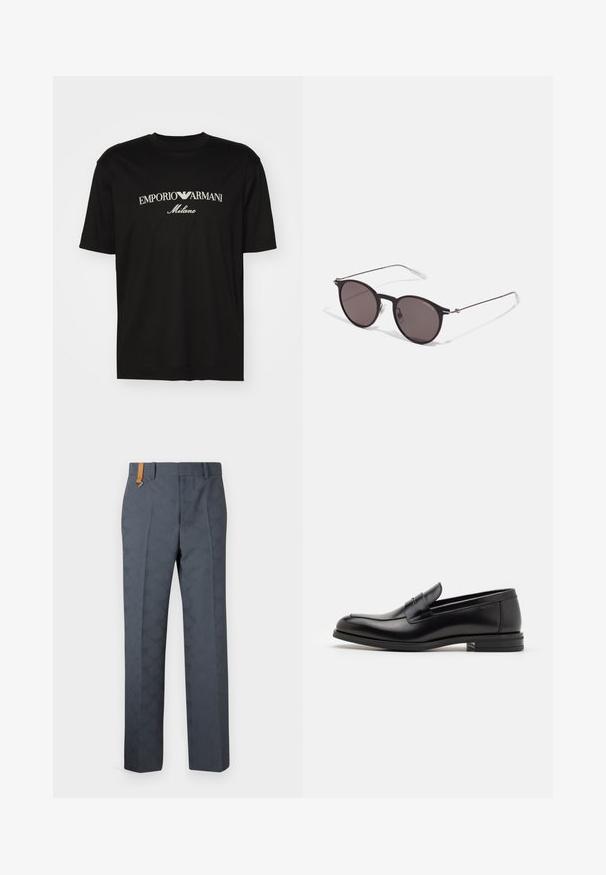 Juodas medvilninis marškinėliai su apvaliu iškirpu, trumpomis rankovėmis ir baltu "EMPORIO ARMANI" logotipu virš "Milano" kreivame dizaino.; Pilkos raštuotos kelnės su lygiu paviršiumi, turinčios plokščią priekį ir rudo odos akcentą ant juosmens. Priderintas kirpimas su tiesiomis kojomis.; Juodos odinės loafers, turinčios lygų paviršių, apvalią noselę ir dekoratyvinę juostą per priekinę dalį. Žemas krentantis kulnas, minimalistinis dizainas.; Juodos apvalios saulės akinių su tamsiais lęšiais ir plonomis metalinėmis šakomis. Įtraukti skaidrūs šventyklų galai ir sidabriniai akcentai vyrio srityje. Minimalistinis dizainas.