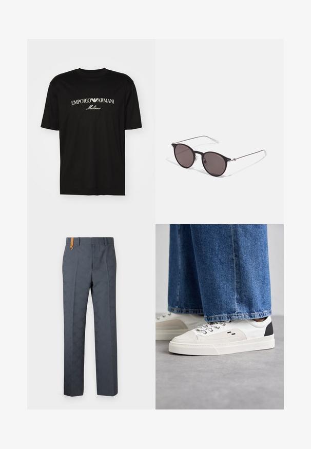 Černé bavlněné tričko s kulatým výstřihem, krátkými rukávy a logem "EMPORIO ARMANI" v bílém nad nápisem "Milano" v zakřiveném provedení.; Šedé vzorované kalhoty s hladkou texturou, s plochým předním dílem a hnědou koženou akcentací na pase. Přiléhavý střih s rovnými nohavicemi.; Bílé a černé tenisky s hladkým koženým svrškem, texturovanými akcenty a robustní bílou podešví. Mají klasický design se šněrováním.; Černé kulaté sluneční brýle s tmavými skly a tenkými kovovými nohami. Obsahují průhledné koncovky nožiček a stříbrné akcenty na pantu. Minimalistický design.