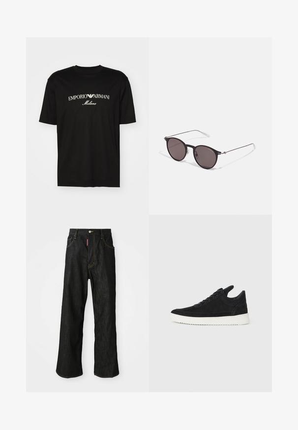 Black cotton T-shirt featuring a round neckline, short sleeves, and "EMPORIO ARMANI" logo in white above "Milano" in a curved design.; Black straight-leg jeans with yellow stitching, five-pocket design, button closure, and a small red tag on the front right pocket.; Black suede sneaker with a white rubber sole, featuring tonal stitching and lace-up design. Smooth texture with a modern, streamlined shape.; Black round sunglasses with dark lenses and slim metal arms. Includes clear temple tips and silver accents at the hinge. Minimalist design.