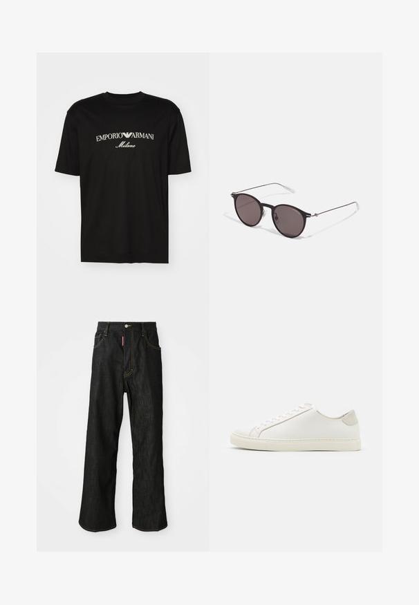 Black cotton T-shirt featuring a round neckline, short sleeves, and "EMPORIO ARMANI" logo in white above "Milano" in a curved design.; Black straight-leg jeans with yellow stitching, five-pocket design, button closure, and a small red tag on the front right pocket.; White leather sneaker with a smooth surface, round toe, and minimalistic design. Features beige accents on the heel and a rubber sole.; Black round sunglasses with dark lenses and slim metal arms. Includes clear temple tips and silver accents at the hinge. Minimalist design.
