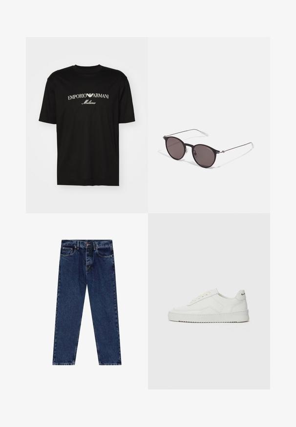 T-shirt in cotone nero con scollatura rotonda, maniche corte e logo "EMPORIO ARMANI" in bianco sopra "Milano" in una disposizione curva.; Scalpers Jeans slim fit - blue denim; Sneaker in pelle bianca con una finitura liscia, punta rotonda, lacci piatti e suola testurizzata. Presenta un logo discreto sul tallone.; Occhiali da sole neri rotondi con lenti scure e sottili bracci in metallo. Include punte trasparenti e accenti argentati alla cerniera. Design minimalista.