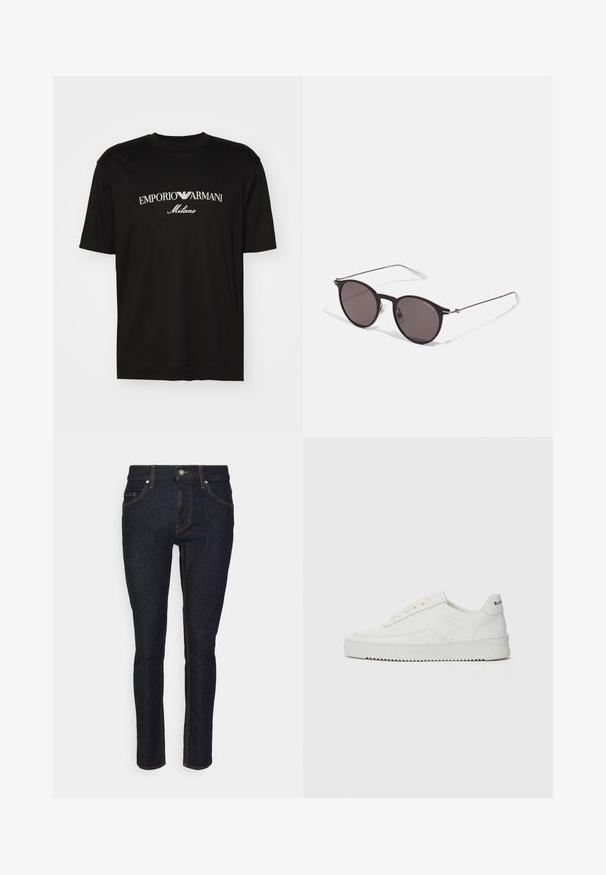 T-shirt de algodão preta com gola redonda, mangas curtas e o logo "EMPORIO ARMANI" em branco acima de "Milano" num design curvo.; Jeans de ganga azul escuro com um design ajustado, cinco bolsos e costura em amarelo contrastante ao longo das costuras. Estilo clássico de perna reta.; Sapatilha de couro branco com acabamento suave, bico redondo, atacadores planos e uma sola texturizada. Apresenta um logotipo discreto no calcanhar.; Óculos de sol redondos pretos com lentes escuras e hastes metálicas finas. Inclui pontas de templo transparentes e detalhes em prata na dobradiça. Design minimalista.