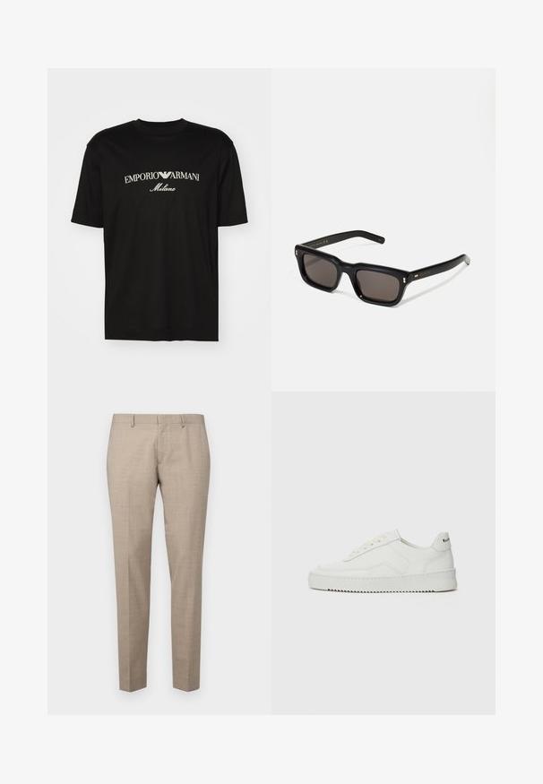 Juodas medvilninis marškinėliai su apvaliu iškirpu, trumpomis rankovėmis ir baltu "EMPORIO ARMANI" logotipu virš "Milano" kreivame dizaino.; Michael Kors LIGHT TRAVEL PANT - Kelnės - beige; Balti odiniai sportiniai bateliai su lygia apdaila, apvaliu pirštu, plokščiais raišteliais ir tekstūruotu padu. Pasižymi subtiliu logotipu ant kulno.; Juodos stačiakampės akinių nuo saulės su tamsiais objektyvais, storu plastiko rėmu, auksinėmis detalėmis ant šventyklų ir prekės ženklo logotipu išgraviruotu ant šono.