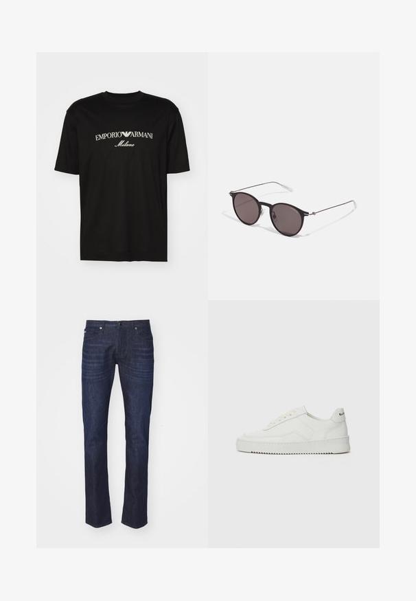 T-shirt de algodão preta com gola redonda, mangas curtas e o logo "EMPORIO ARMANI" em branco acima de "Milano" num design curvo.; Emporio Armani Calças de ganga justas - blue; Sapatilha de couro branco com acabamento suave, bico redondo, atacadores planos e uma sola texturizada. Apresenta um logotipo discreto no calcanhar.; Óculos de sol redondos pretos com lentes escuras e hastes metálicas finas. Inclui pontas de templo transparentes e detalhes em prata na dobradiça. Design minimalista.