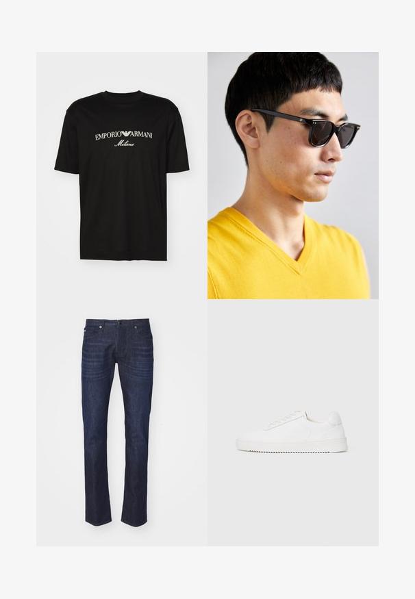 Svart bomulls T-skjorte med rund hals, korte ermer og "EMPORIO ARMANI" logo i hvitt over "Milano" i en buet design.; Emporio Armani Jeans slim fit - blue; Hvit sneaker med en glatt skinnoverdel, avrundet tå, snøring, teksturerte sideakenter og en tykkgummisåle. Minimalistisk design.; Solsikker med svarte rammer og mørke linser. Merkbare detaljer inkluderer små gullaksenter på hengslene og en rektangulær form.