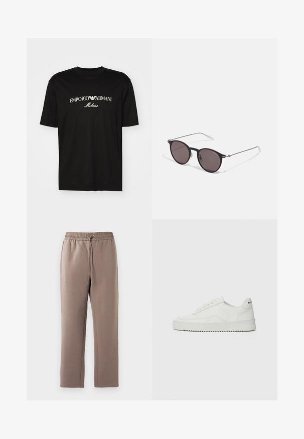 Sort bomulds T-shirt med rund halsudskæring, korte ærmer og "EMPORIO ARMANI" logo i hvid over "Milano" i et buet design.; Brune, mellemhøje sweatpants lavet af blødt stof, med en elastisk talje og snor, sidelommer og lige ben.; Hvide lædersneakers med en glat overflade, rund tå, flade snørebånd og en tekstureret sål. Har et diskret logo på hælen.; Sorte runde solbriller med mørke linser og slanke metalarme. Inkluderer klare tempeltips og sølvdetaljer ved hængslet. Minimalistisk design.