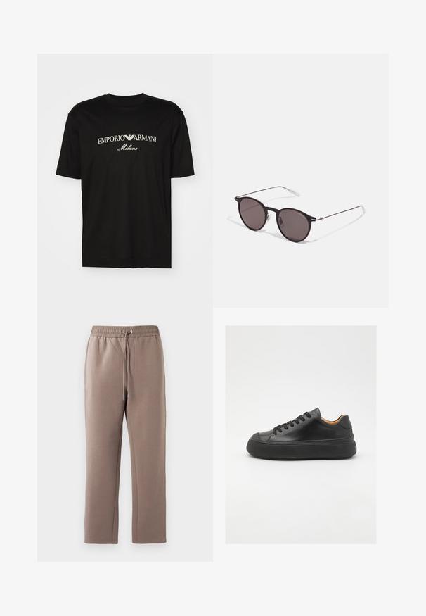 Schwarzes Baumwoll-T-Shirt mit Rundhalsausschnitt, kurzen Ärmeln und dem "EMPORIO ARMANI"-Logo in Weiß über dem geschwungenen Schriftzug "Milano".; Braune, mittelhohe Sweatpants aus weichem Stoff, mit einem elastischen Bund und Kordelzug, seitlichen Taschen und geraden Beinen.; Schwarze Ledersneaker mit runder Zehenpartie, schnürbarem Vorderteil, glatter Oberfläche, dickem Gummisohle und kontrastierendem, braunem Innenraum.; Schwarze runde Sonnenbrille mit dunklen Gläsern und schlanken Metallbügeln. Enthält klare Tempelspitzen und silberne Akzente am Scharnier. Minimalistisches Design.