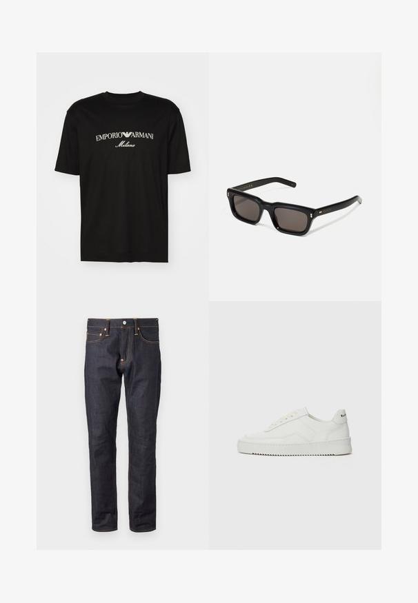 T-shirt en coton noir avec un col rond, des manches courtes et le logo "EMPORIO ARMANI" en blanc au-dessus de "Milano" dans un design incurvé.; Evisu SEAGULL PRINTED JEANS - Jean slim - blue denim; Baskets en cuir blanc avec une finition lisse, bout arrondi, lacets plats et semelle texturée. Présente un logo discret sur le talon.; Lunettes de soleil noires rectangulaires avec des verres foncés, monture en plastique épais, accents dorés sur les branches et logo de la marque gravé sur le bras.