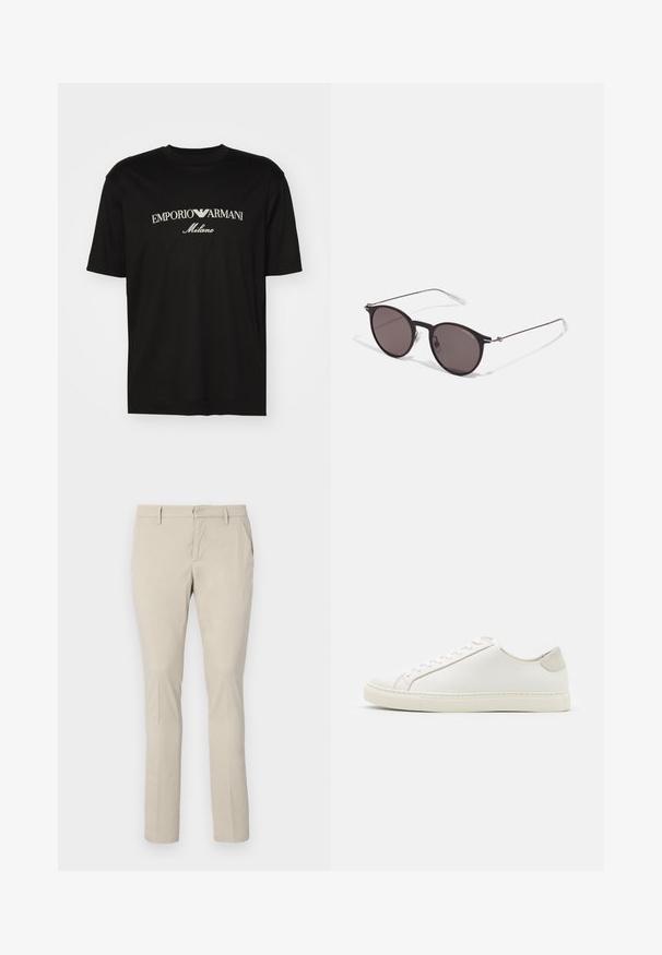 Schwarzes Baumwoll-T-Shirt mit Rundhalsausschnitt, kurzen Ärmeln und dem "EMPORIO ARMANI"-Logo in Weiß über dem geschwungenen Schriftzug "Milano".; Beige Chinos mit geradem Schnitt, ausgestattet mit Seitentaschen und einer glatten Stoffoberfläche. Keine sichtbaren Muster oder Hardwaredetails.; Weiße Leder Sneakers mit glatter Oberfläche, runder Zehenform und minimalistischem Design. Mit beigen Akzenten an der Ferse und einer Gummisohle.; Schwarze runde Sonnenbrille mit dunklen Gläsern und schlanken Metallbügeln. Enthält klare Tempelspitzen und silberne Akzente am Scharnier. Minimalistisches Design.
