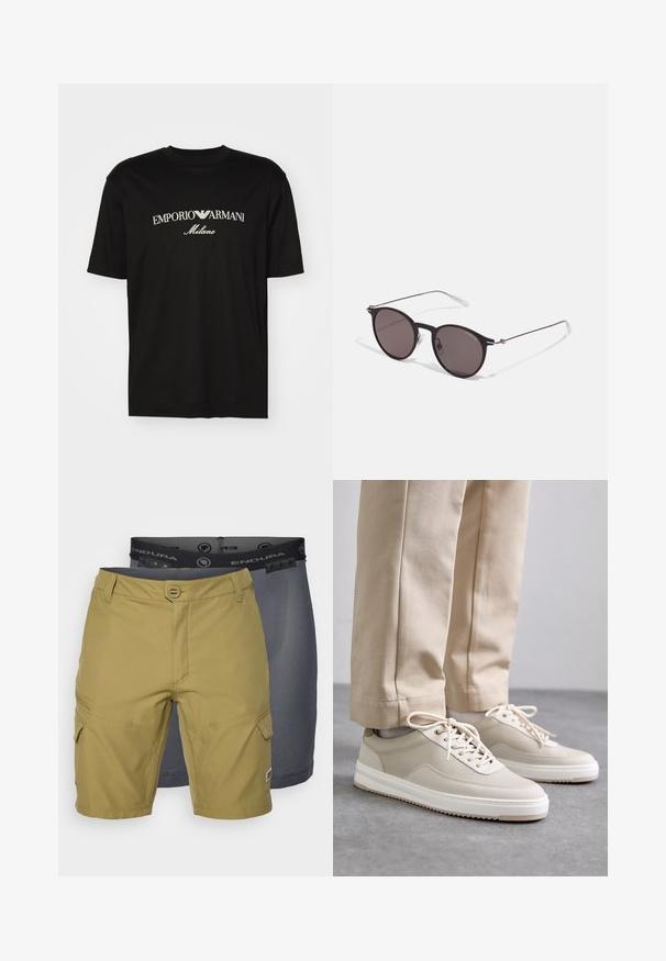 T-shirt en coton noir avec un col rond, des manches courtes et le logo "EMPORIO ARMANI" en blanc au-dessus de "Milano" dans un design incurvé.; Deux paires de shorts : une olive avec des poches et une ceinture texturée, et une doublure en mesh gris foncé visible en dessous.; Baskets beiges avec un dessus texturé, semelles blanches et accents cousus, assorties à un pantalon beige, présentées sur une surface grise.; Lunettes de soleil noires rondes avec verres sombres et branches en métal fines. Comprend des embouts transparents et des accents argentés au niveau de la charnière. Design minimaliste.