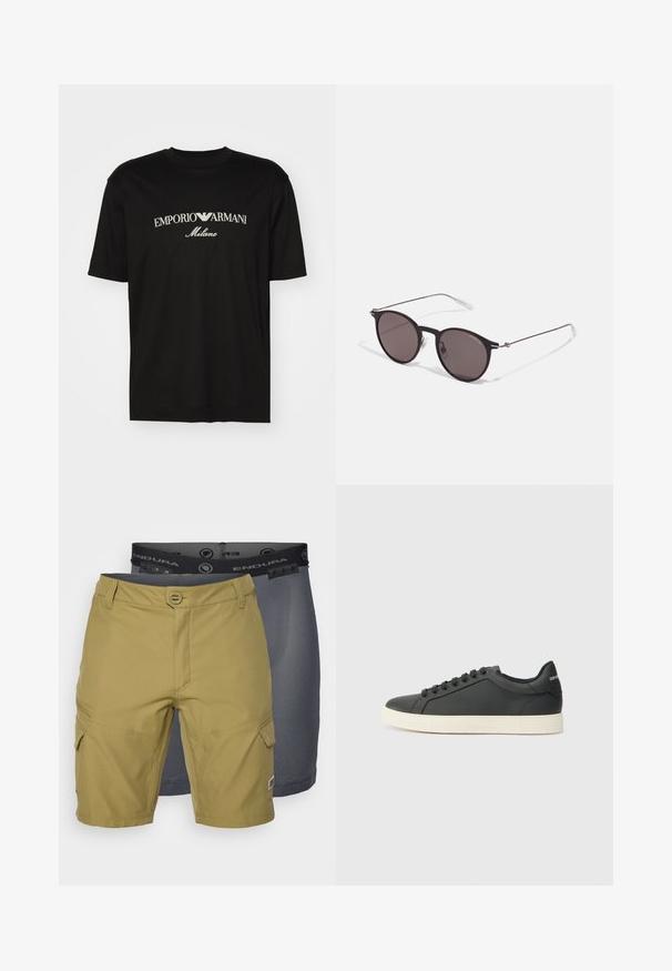 Schwarzes Baumwoll-T-Shirt mit Rundhalsausschnitt, kurzen Ärmeln und dem "EMPORIO ARMANI"-Logo in Weiß über dem geschwungenen Schriftzug "Milano".; Zwei Shorts: eine olivgrüne mit Taschen und einem strukturierten Bund, sowie eine dunkelgraue Netzunterhose, die darunter sichtbar ist.; Schwarze Ledersneaker mit niedrigem Profil, abgerundeter Zehe und Schnürverschluss; ausgestattet mit einer strukturierten Gummisohle und Logo-Detail an der Ferse.; Schwarze runde Sonnenbrille mit dunklen Gläsern und schlanken Metallbügeln. Enthält klare Tempelspitzen und silberne Akzente am Scharnier. Minimalistisches Design.