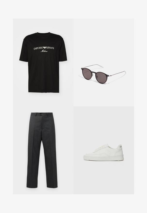 Schwarzes Baumwoll-T-Shirt mit Rundhalsausschnitt, kurzen Ärmeln und dem "EMPORIO ARMANI"-Logo in Weiß über dem geschwungenen Schriftzug "Milano".; Dunkelgraue formelle Hosen mit vorderen Falten, Gürtelschlaufen und einem Knopfverschluss an der Taille, vor einem schlichten weißen Hintergrund präsentiert.; Weiße Ledersneaker mit glatter Oberfläche, runder Zehenpartie, flachen Schnürsenkeln und strukturiertem Sohlenprofil. Mit einem dezenten Logo an der Ferse.; Schwarze runde Sonnenbrille mit dunklen Gläsern und schlanken Metallbügeln. Enthält klare Tempelspitzen und silberne Akzente am Scharnier. Minimalistisches Design.