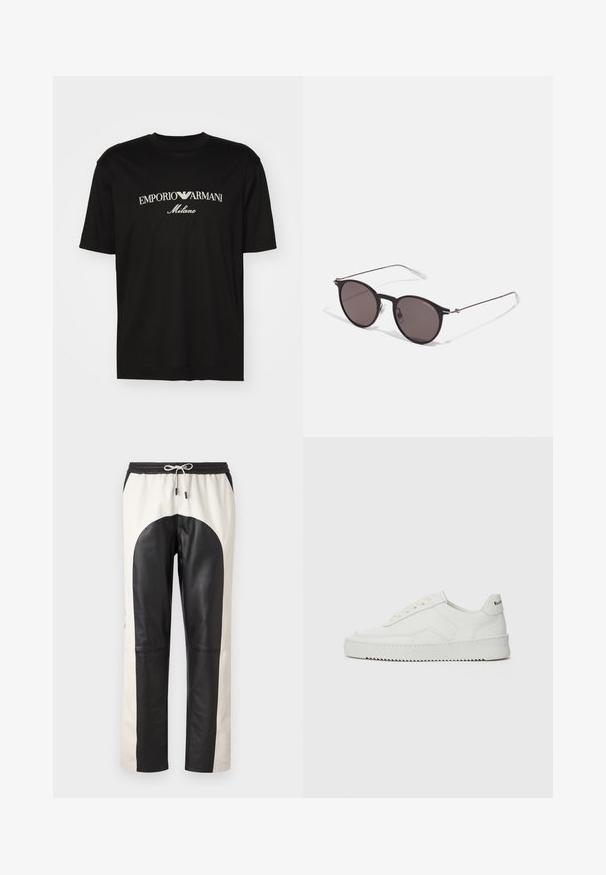 Zwarte katoenen T-shirt met een ronde halslijn, korte mouwen en het "EMPORIO ARMANI" logo in het wit boven "Milano" in een gebogen ontwerp.; Zwart en crème gekleurde broek met een ontspannen pasvorm, elastische tailleband met trekkoord en een mix van leer en stofmaterialen.; Witte leren sneaker met een gladde afwerking, ronde neus, platte veters en een gestructureerde zool. Kenmerkt zich door een subtiel logo op de hiel.; Zwarte ronde zonnebril met donkere lenzen en slanke metalen armen. Inclusief heldere tempelpunten en zilveren accenten bij de scharnier. Minimalistisch ontwerp.
