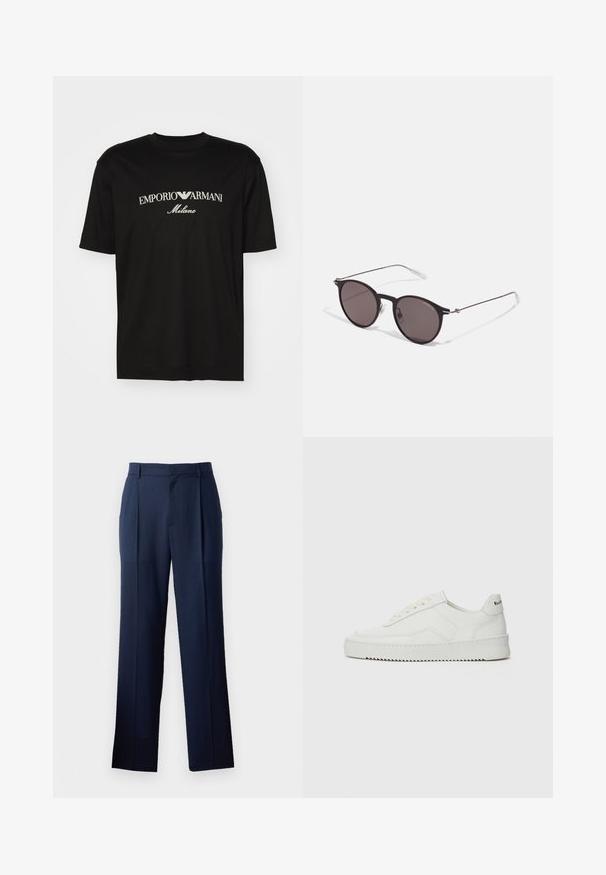 Schwarzes Baumwoll-T-Shirt mit Rundhalsausschnitt, kurzen Ärmeln und dem "EMPORIO ARMANI"-Logo in Weiß über dem geschwungenen Schriftzug "Milano".; Dunkelblaue Hosen aus glattem Stoff mit geradem Bein, die eine subtile Textur und zwei vordere Falten aufweisen. Keine sichtbaren Taschen.; Weiße Ledersneaker mit glatter Oberfläche, runder Zehenpartie, flachen Schnürsenkeln und strukturiertem Sohlenprofil. Mit einem dezenten Logo an der Ferse.; Schwarze runde Sonnenbrille mit dunklen Gläsern und schlanken Metallbügeln. Enthält klare Tempelspitzen und silberne Akzente am Scharnier. Minimalistisches Design.