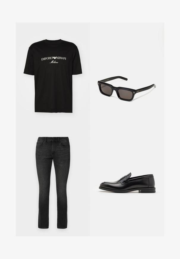 Black cotton T-shirt featuring a round neckline, short sleeves, and "EMPORIO ARMANI" logo in white above "Milano" in a curved design.; Black stretch denim jeans with a straight leg design, five-pocket styling, and a metal button closure at the waistband.; Black leather loafers with a smooth texture, rounded toe, and a decorative strap across the vamp. Low stacked heel, minimalist design.; Black rectangular sunglasses with dark lenses, thick plastic frame, gold accents on temples, and brand logo engraved on the arm.