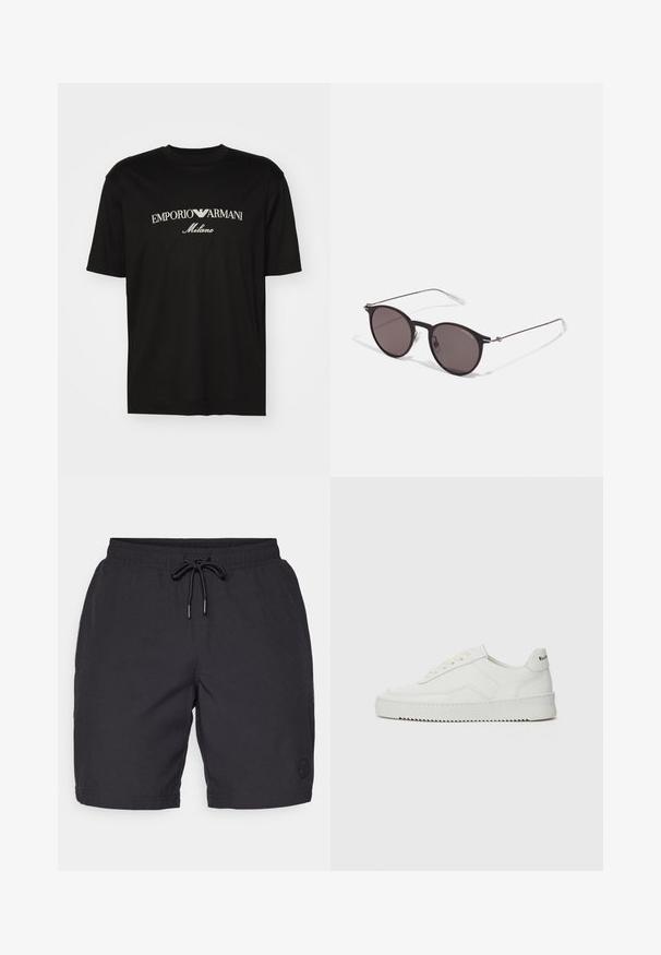 T-shirt de algodão preta com gola redonda, mangas curtas e o logo "EMPORIO ARMANI" em branco acima de "Milano" num design curvo.; Calções de banho pretos com uma cintura elástica, fecho com cordão e um logotipo embutido discreto. Feitos de um tecido leve e texturado.; Sapatilha de couro branco com acabamento suave, bico redondo, atacadores planos e uma sola texturizada. Apresenta um logotipo discreto no calcanhar.; Óculos de sol redondos pretos com lentes escuras e hastes metálicas finas. Inclui pontas de templo transparentes e detalhes em prata na dobradiça. Design minimalista.