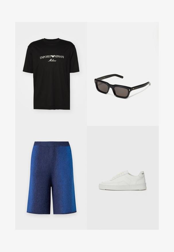 Camiseta de algodón negra con cuello redondo, mangas cortas y el logo de "EMPORIO ARMANI" en blanco sobre "Milano" en un diseño curvado.; Bermudas azul marino con un acabado texturizado, con un corte recto y una cinturilla sin costuras, diseñadas para ofrecer comodidad y un look casual.; Zapatilla de cuero blanca con un acabado suave, puntera redonda, cordones planos y suela texturizada. Cuenta con un sutil logo en el talón.; Gafas de sol rectangulares negras con lentes oscuros, marco de plástico grueso, acentos dorados en las patillas y logotipo de la marca grabado en el brazo.