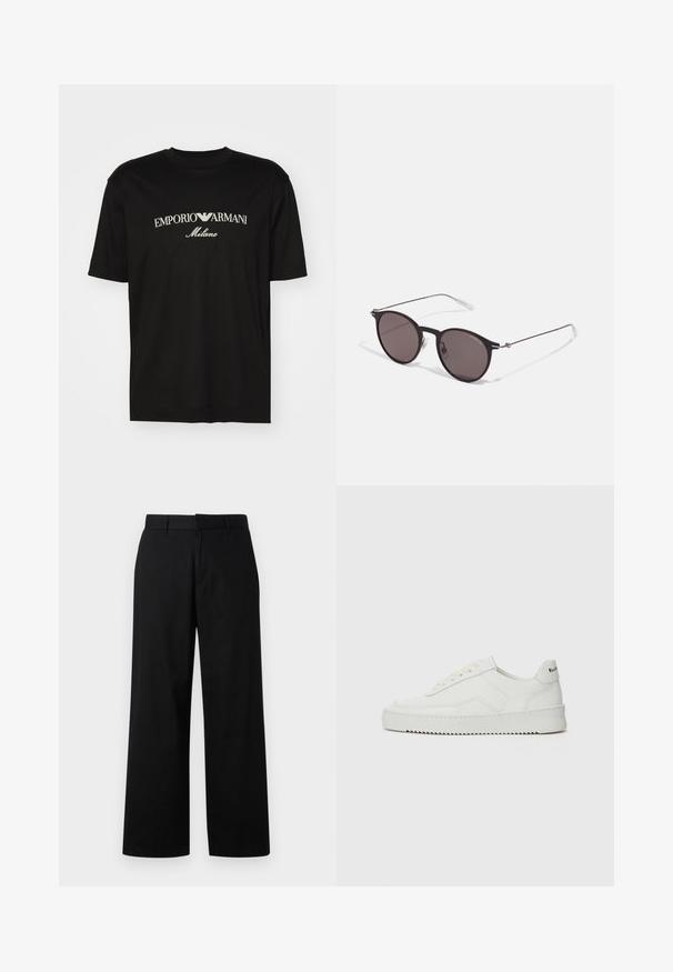 Must must T-särk, millel on ümmargune kaelus, lühikesed варст и väljend "EMPORIO ARMANI" valgete tähtedega, mille all on kõveras kujunduses sõna "Milano".; Mustad, laiad püksid, mis on valmistatud siledast kangast. Omavad kortsutamisel lähedast põlve, kus on vöökoharihmade jaoks silmused ja sirge lõige, minimaalne kaunistus.; Valge nahast tennis, millel on sile põhi, ümar varvas, lamedad nöörid ja tekstuuriline tall. Sisaldab diskreetset logo kontsaribal.; Mustad mustad prillid tumedate läätsedega ja õhukeste metallist käepidemetega. Kaarja kujuga seljaosa ja hõbedased aktsendid hingel. Minimalistlik disain.
