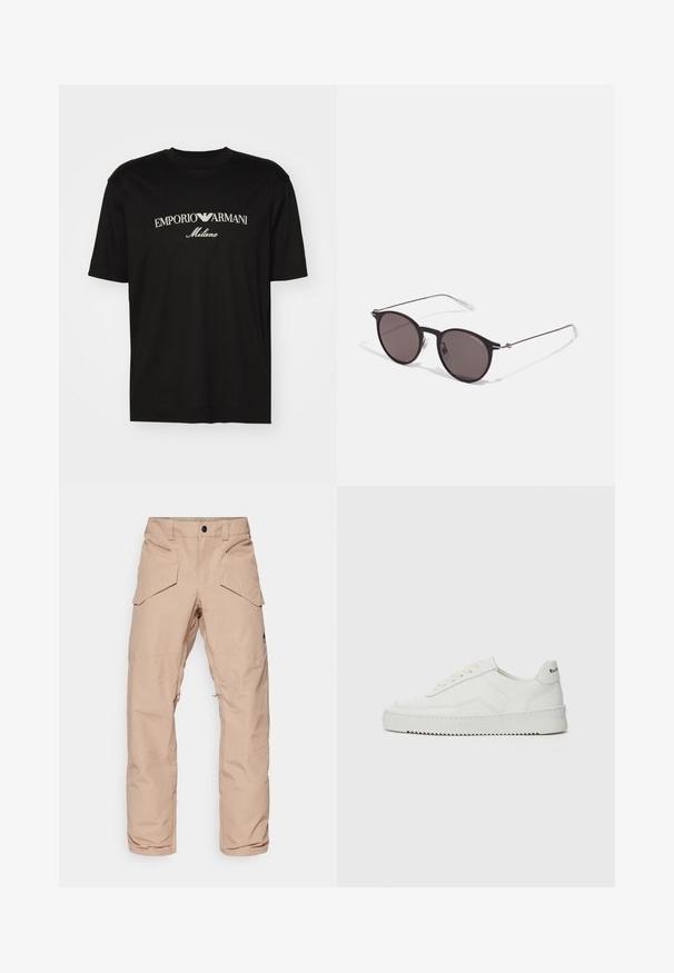 T-shirt en coton noir avec un col rond, des manches courtes et le logo "EMPORIO ARMANI" en blanc au-dessus de "Milano" dans un design incurvé.; Pantalons cargo beige clair en tissu résistant à l'eau, dotés de plusieurs poches, de genoux renforcés et d'une jambe inférieure zippée pour un ajustement.; Baskets en cuir blanc avec une finition lisse, bout arrondi, lacets plats et semelle texturée. Présente un logo discret sur le talon.; Lunettes de soleil noires rondes avec verres sombres et branches en métal fines. Comprend des embouts transparents et des accents argentés au niveau de la charnière. Design minimaliste.