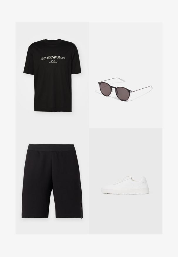 Crna pamučna majica s okruglim izrezom, kratkim rukavima i bijelim logotipom "EMPORIO ARMANI" iznad riječi "Milano" u zakrivljenom dizajnu.; Crne sportske kratke hlače od mekog materijala, s uskim elastičnim pojasom i patentnim zatvaračima sa strane kako bi se povećala funkcionalnost.; Bijela tenisica s glatkim kožnim gornjim dijelom, okruglim vrhom, vezicama, teksturiranim bočnim detaljima i debelim gumeni potplat. Minimalistički dizajn.; Crne okrugle sunčane naočale s tamnim staklima i tankim metalnim ručkama. Uključuju prozirne vrhove ručki i srebrne naglaske na šarkama. Minimalistički dizajn.