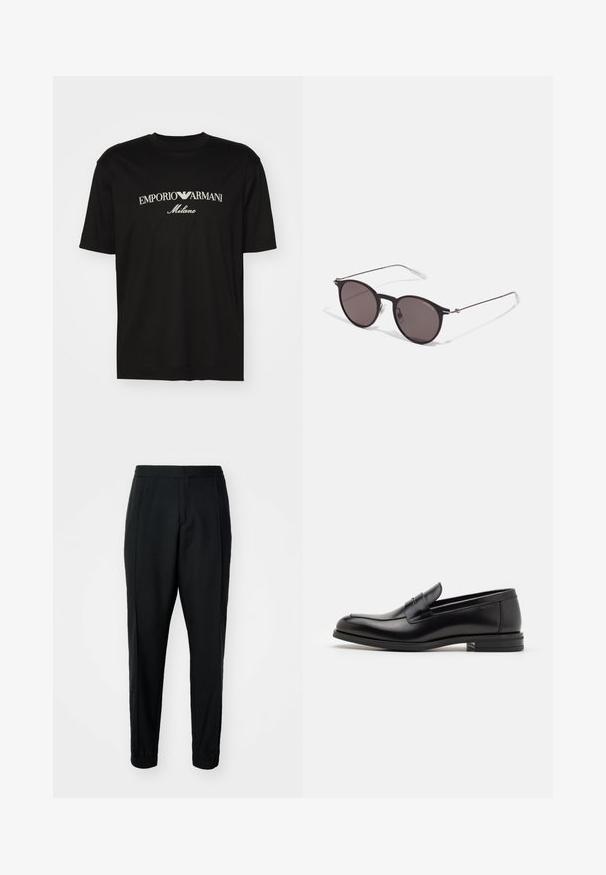 Svart bomull T-shirt med rund halsringning, korta ärmar och "EMPORIO ARMANI" logotyp i vitt ovanför "Milano" i en rundad design.; Svarta tapered byxor med slätt tyg, elastisk midja och mudd. Har veck framtill för en skräddarsydd look.; Svarta läderloafers med en slät yta, rund tå och ett dekorativt band över främre delen. Låg staplad klack, minimalistisk design.; Svarta runda solglasögon med mörka linser och smala metallarmar. Inkluderar klara tempeltips och silverdetaljer vid gångjärnet. Minimalistisk design.