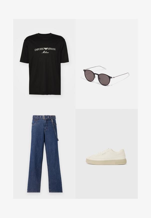 Camiseta de algodón negra con cuello redondo, mangas cortas y el logo de "EMPORIO ARMANI" en blanco sobre "Milano" en un diseño curvado.; Jeans de mezclilla azul oscuro con un diseño de pierna recta, que presentan un cinturón estampado con ojales de metal y un lazo para el cinturón a juego.; Zapatillas de lona blancas con suela de goma texturizada, que cuentan con una puntera cosida y un acento de logo en el talón. Diseño simple de cordones.; Gafas de sol redondas negras con lentes oscuros y brazos metálicos delgados. Incluye puntas de varilla transparentes y acentos plateados en la bisagra. Diseño minimalista.