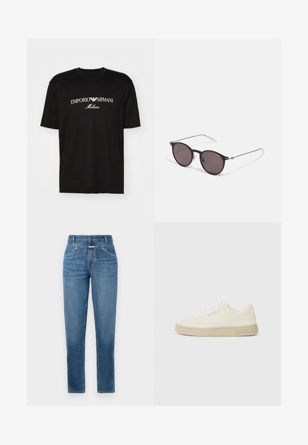 T-shirt en coton noir avec un col rond, des manches courtes et le logo "EMPORIO ARMANI" en blanc au-dessus de "Milano" dans un design incurvé.; Jeans droits taille haute bleus avec poches avant, passants de ceinture, fermeture à bouton et détails de décoloration subtils.; Baskets en toile blanches avec une semelle en caoutchouc texturée, présentant un capuchon de chaussure cousu et un accent de logo sur le talon. Design simple à lacets.; Lunettes de soleil noires rondes avec verres sombres et branches en métal fines. Comprend des embouts transparents et des accents argentés au niveau de la charnière. Design minimaliste.