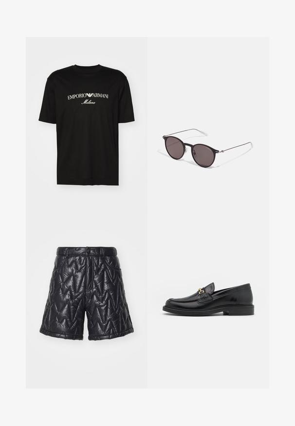 Černé bavlněné tričko s kulatým výstřihem, krátkými rukávy a logem "EMPORIO ARMANI" v bílém nad nápisem "Milano" v zakřiveném provedení.; Černé prošívané šortky vyrobené z lesklé, polstrované látky. Obsahují zipový zip, přední kapsy a vzor cik-cak na povrchu.; Černé kožené mokasíny s zaoblenou špičkou, vyznačující se zlatými kovovými detaily a prošíváním, umístěné na nízké, texturované gumové podrážce.; Černé kulaté sluneční brýle s tmavými skly a tenkými kovovými nohami. Obsahují průhledné koncovky nožiček a stříbrné akcenty na pantu. Minimalistický design.