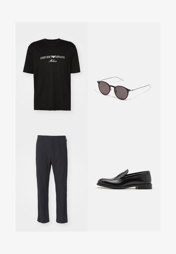 Sort bomulds T-shirt med rund halsudskæring, korte ærmer og "EMPORIO ARMANI" logo i hvid over "Milano" i et buet design.; Sorte plisserede bukser med et tekstureret stof, der har et lige ben-design og en standard talje. Ingen synlige lommer eller beslag.; Sorte læderloafers med en glat overflade, rund tå og en dekorativ strop over vampen. Lav hæl med stabeldesign, minimalistisk stil.; Sorte runde solbriller med mørke linser og slanke metalarme. Inkluderer klare tempeltips og sølvdetaljer ved hængslet. Minimalistisk design.