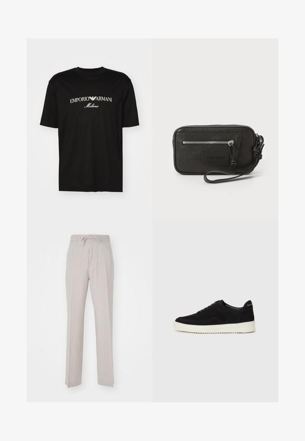 Črna bombažna majica s krožnim izrezom, kratkimi rokavi in logotipom "EMPORIO ARMANI" v beli barvi nad napisom "Milano" v ukrivljenem oblikovanju.; Svetlo bež hlače z vertikalnimi tankimi črtami, z elastičnim pasom in vrvico za zavezovanje. Mehka tkanina, ravna rez.; Črni semiš teniški copati z vezalkami in kontrastnim belim gumijastim podplatom. Imajo teksturirane stranske panele in subtilno oznako na peti.; Črna usnjena torbica s teksturirano površino, sprednjim žepom z zadrgo in odstranljivo zapestnico. Ima logotip na sprednji strani. Pravokotna oblika.