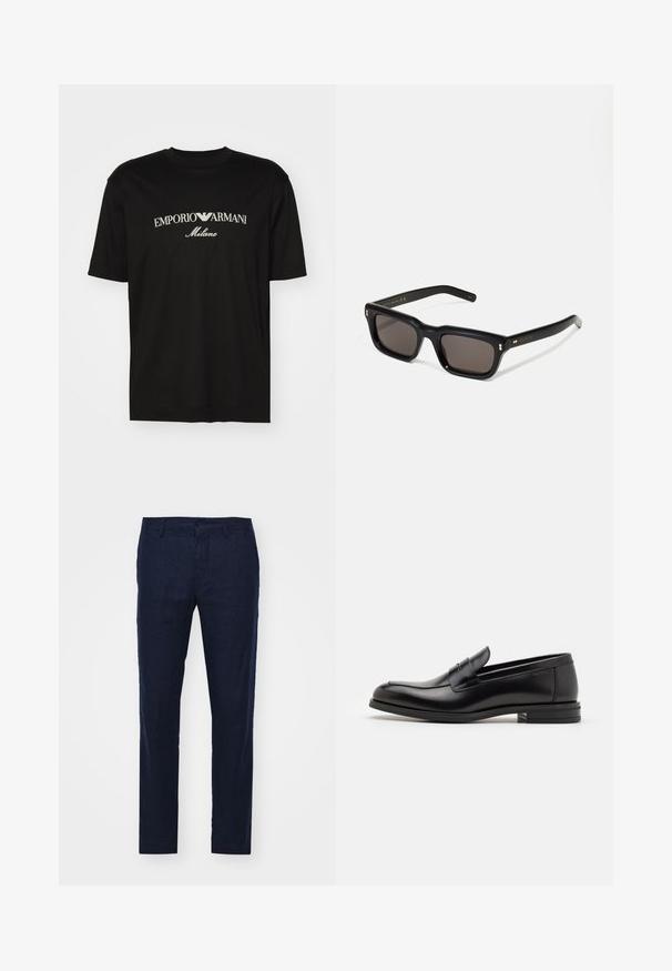 T-shirt en coton noir avec un col rond, des manches courtes et le logo "EMPORIO ARMANI" en blanc au-dessus de "Milano" dans un design incurvé.; NN.07 THEO - Pantalon classique - dark blue; Mocassins en cuir noir avec une texture lisse, bout rond et une sangle décorative sur le dessus. Talon bas empilé, design minimaliste.; Lunettes de soleil noires rectangulaires avec des verres foncés, monture en plastique épais, accents dorés sur les branches et logo de la marque gravé sur le bras.
