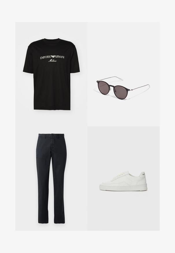 T-shirt in cotone nero con scollatura rotonda, maniche corte e logo "EMPORIO ARMANI" in bianco sopra "Milano" in una disposizione curva.; Chinos blu scuro realizzati in tessuto di cotone, con vita piatta, due tasche anteriori e una tasca posteriore con chiusura a bottone.; Sneaker in pelle bianca con una finitura liscia, punta rotonda, lacci piatti e suola testurizzata. Presenta un logo discreto sul tallone.; Occhiali da sole neri rotondi con lenti scure e sottili bracci in metallo. Include punte trasparenti e accenti argentati alla cerniera. Design minimalista.