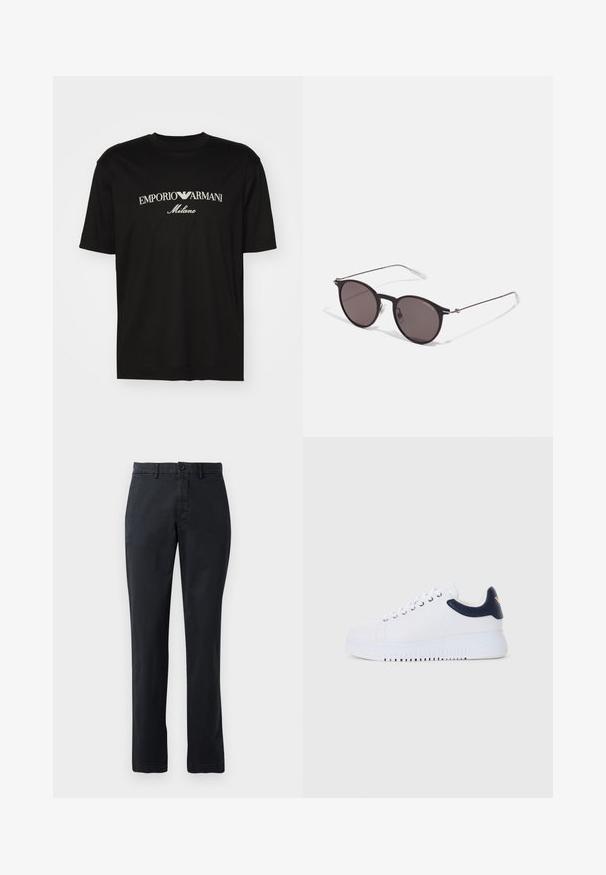 Black cotton T-shirt featuring a round neckline, short sleeves, and "EMPORIO ARMANI" logo in white above "Milano" in a curved design.; Dark navy chinos made of cotton fabric, featuring a flat front, two front pockets, and a single back pocket with a button closure.; White sneakers with navy accents, featuring a smooth texture, round toe, and raised outsole, detailed with a logo on the side.; Black round sunglasses with dark lenses and slim metal arms. Includes clear temple tips and silver accents at the hinge. Minimalist design.