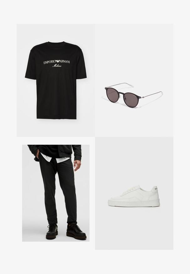 Crna pamučna majica s okruglim izrezom, kratkim rukavima i bijelim logotipom "EMPORIO ARMANI" iznad riječi "Milano" u zakrivljenom dizajnu.; Crne lagane hlače s glatkom teksturom, suženim krojem i elastičnom gumicom. Uparene s crnim čipkastim čizmama.; Bijele kožne tenisice s glatkom površinom, okruglim vrhom, ravnim vezicama i teksturiranom potplatom. Imaju suptilan logo na peti.; Crne okrugle sunčane naočale s tamnim staklima i tankim metalnim ručkama. Uključuju prozirne vrhove ručki i srebrne naglaske na šarkama. Minimalistički dizajn.