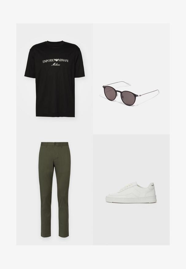 Black cotton T-shirt featuring a round neckline, short sleeves, and "EMPORIO ARMANI" logo in white above "Milano" in a curved design.; Olive green trousers made from smooth fabric, featuring a straight cut, front button closure, and a minimalist design without patterns.; White leather sneaker with a smooth finish, round toe, flat laces, and a textured sole. Features a subtle logo on the heel.; Black round sunglasses with dark lenses and slim metal arms. Includes clear temple tips and silver accents at the hinge. Minimalist design.